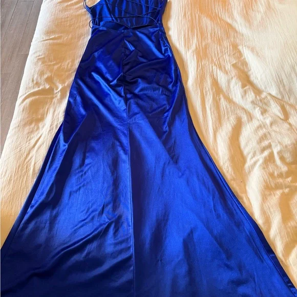 Elegant Royal Blue Satin Wrap Skirt Evening Dress - Picture 2 of 2